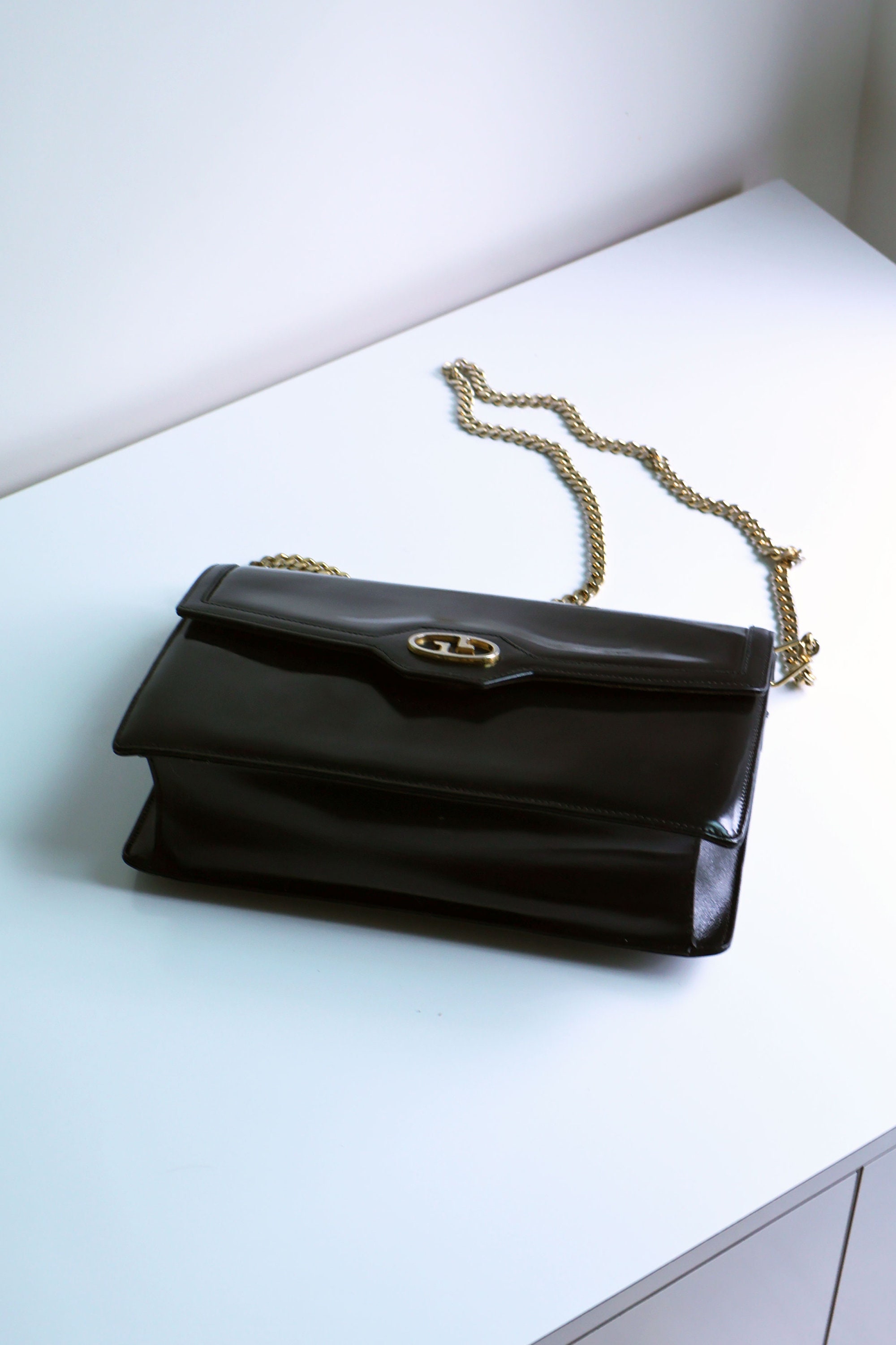 Vintage GUCCI 1970s Black Shiny Leather Chain Strap Vintage GUCCI 1970s Black Shiny Leather Chain Strap