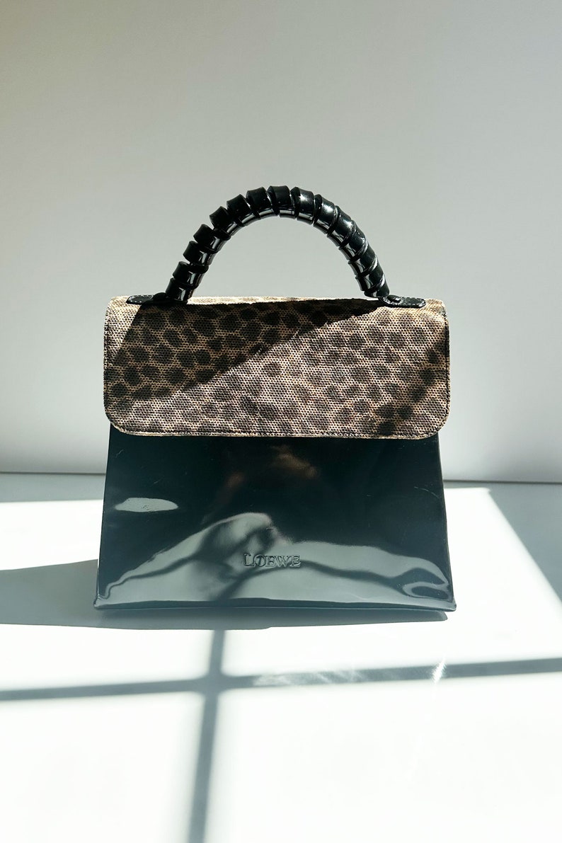 Vintage LOEWE Noir Patent and Leopard Print Top Handle Bag with Curly Handle Minimal Gold made in Spain Black Cheetah Print image 4