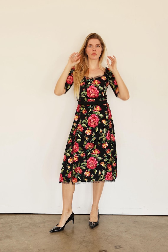 strapless open back dress Black & Red Rose Brocade Floral Swing Dress 14 main image 0