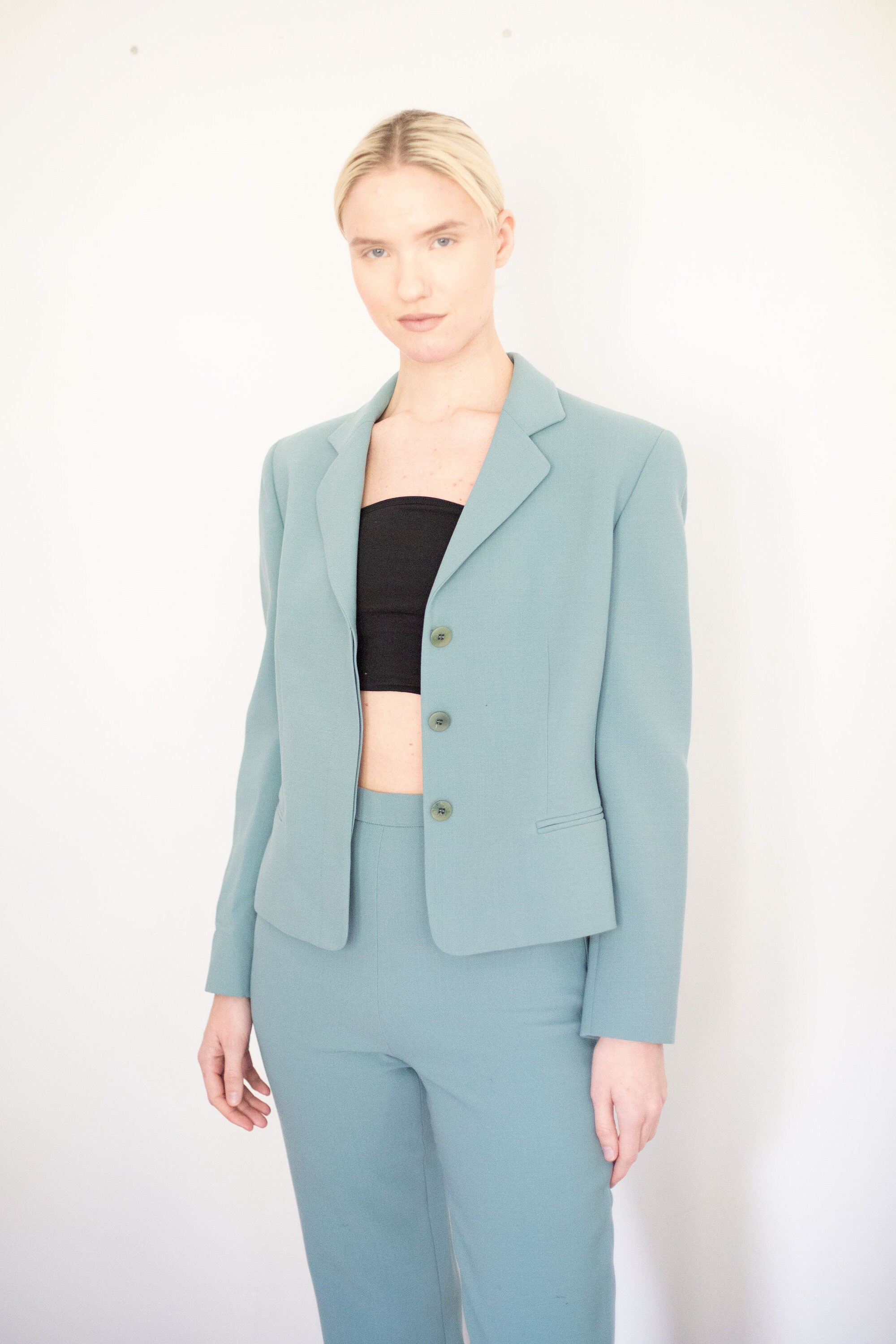 Vintage Giorgio Armani Wool Suit: 90s Turquoise Blue Blazer