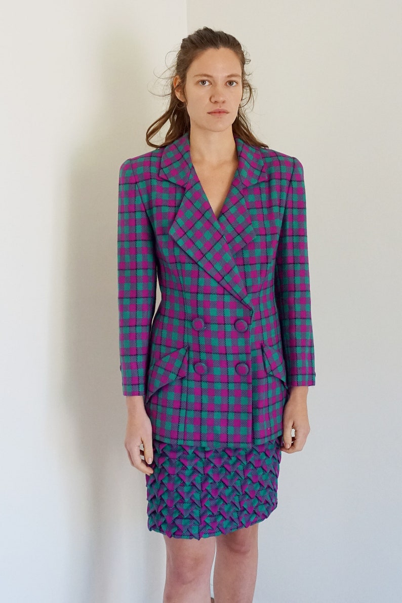 FE ZANDI 1980s Teal and Magenta Plaid Skirt Suit with Geometric 3D Skirt /& Double Breasted Button Up Blazer Sz 2-4 Two Piece