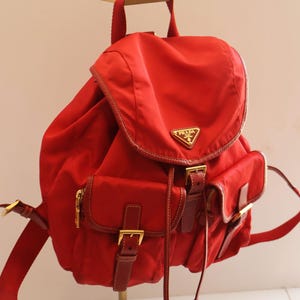 Vintage PRADA Red Double Front Pocket Large Backpack Tessuto in Nylon and Leather Vela Minimal Gold Hardware