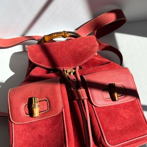 GUCCI Coral Red Suede & Leather Bamboo Handle Backpack Large Jumbo GG Gold Hardware Logo 90s Y2K Toggle image 4
