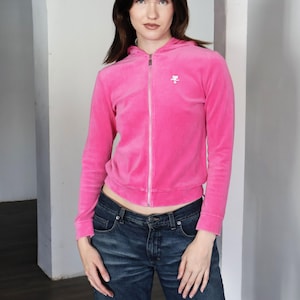 Vintage COURREGES 1990s Paris Hot Pink Velour Hoodie with Logo in Neon Top Zip Front Made in Paris sz 38 XS S image 1