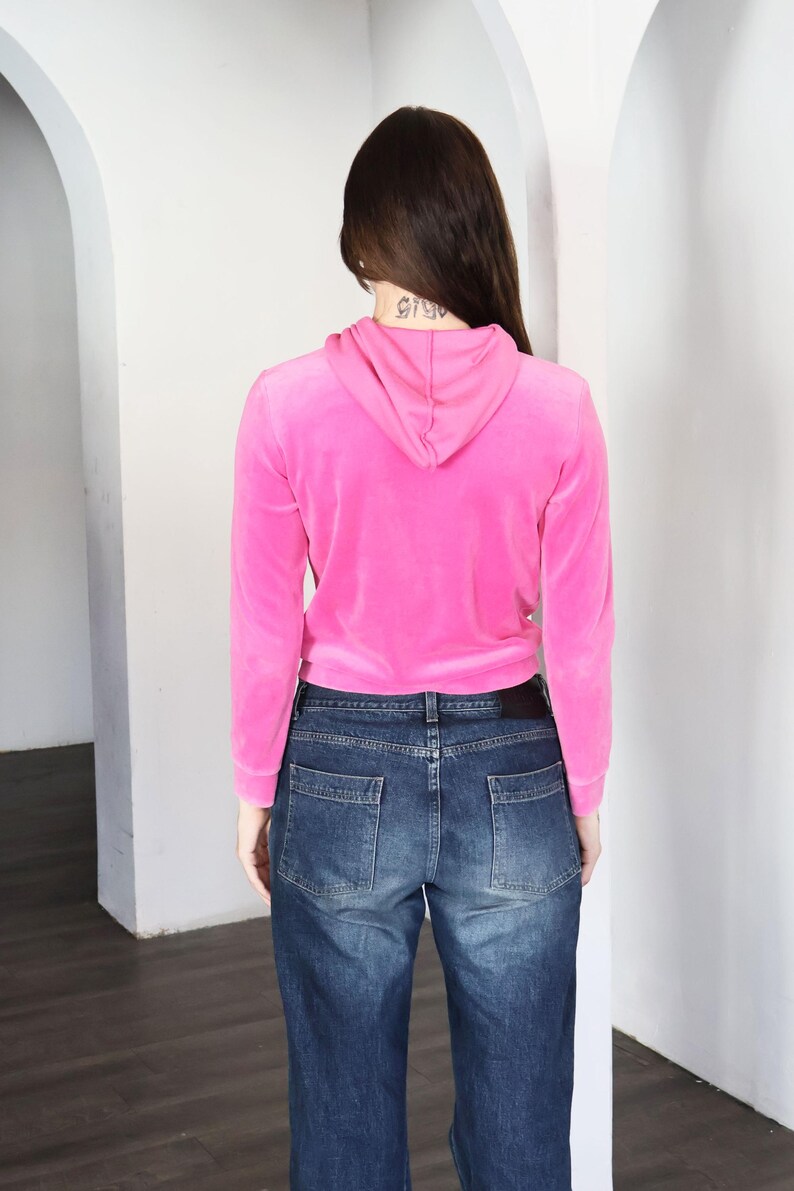 Vintage COURREGES 1990s Paris Hot Pink Velour Hoodie with Logo in Neon Top Zip Front Made in Paris sz 38 XS S image 5