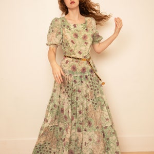 Vintage 1970s Gunne Sax Style Tiered Semi Sheer Floral Puff Sleeve Prairie Dress sz XS S Square Neck Green Purple image 7