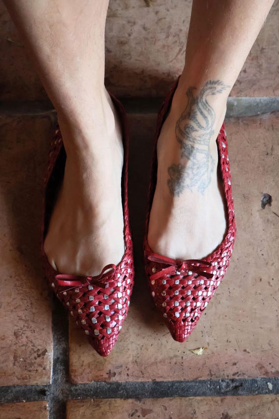 Vintage PRADA Y2K Red + Metallic Silver Leather Woven Pointy