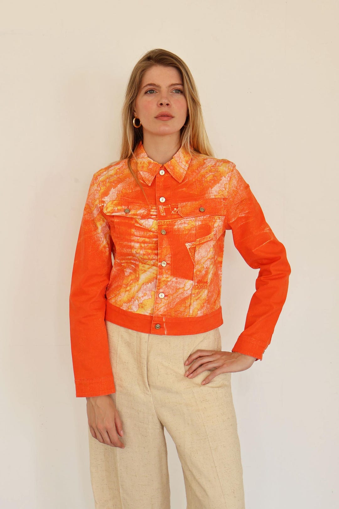 Giacca vintage Roberto CAVALLI in denim arancione trompe-l'oeil