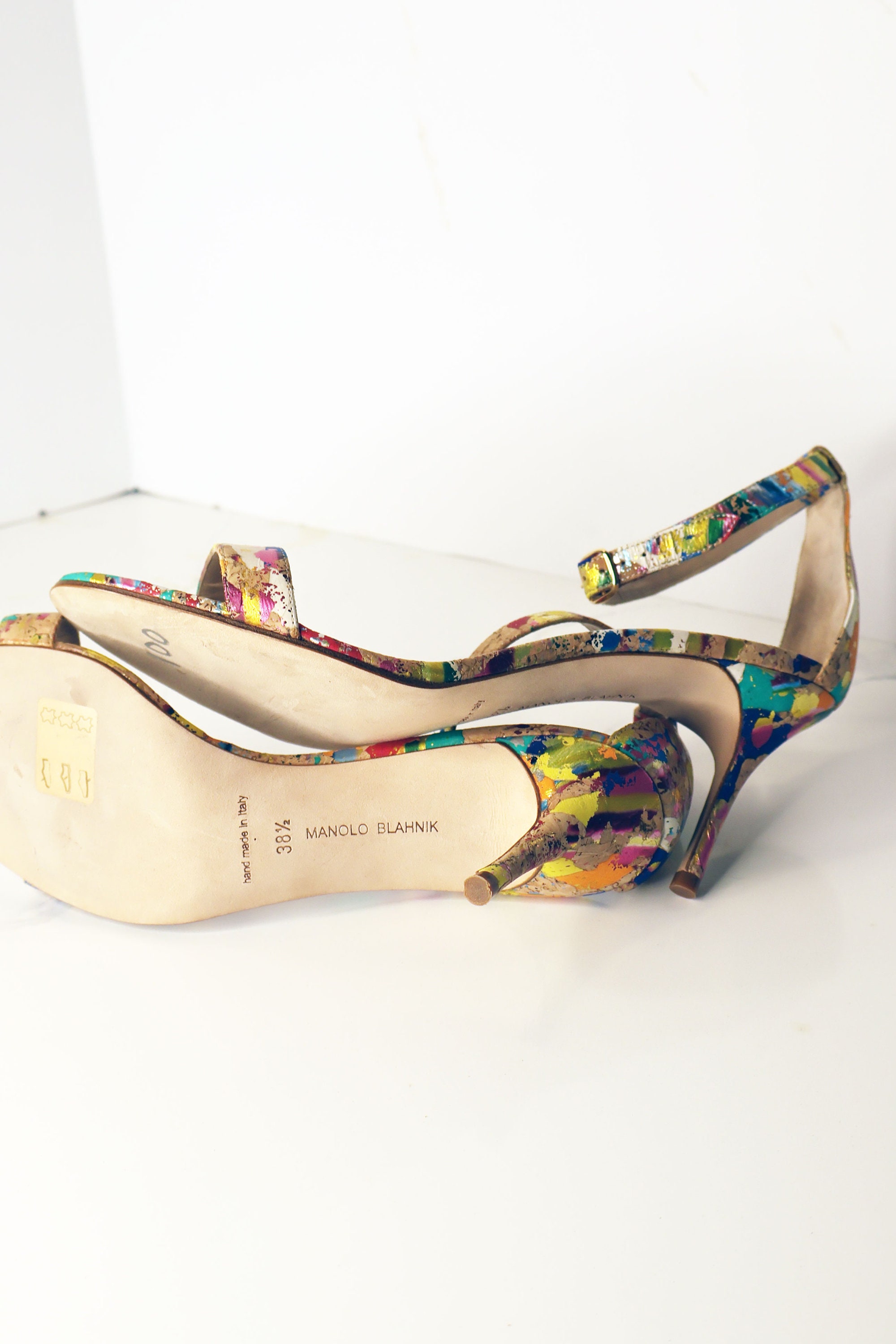 Vintage Manolo Blahnik Cork + Splatter Paint Chaos Ankle Vintage Manolo Blahnik Cork + Splatter Paint Chaos Ankle