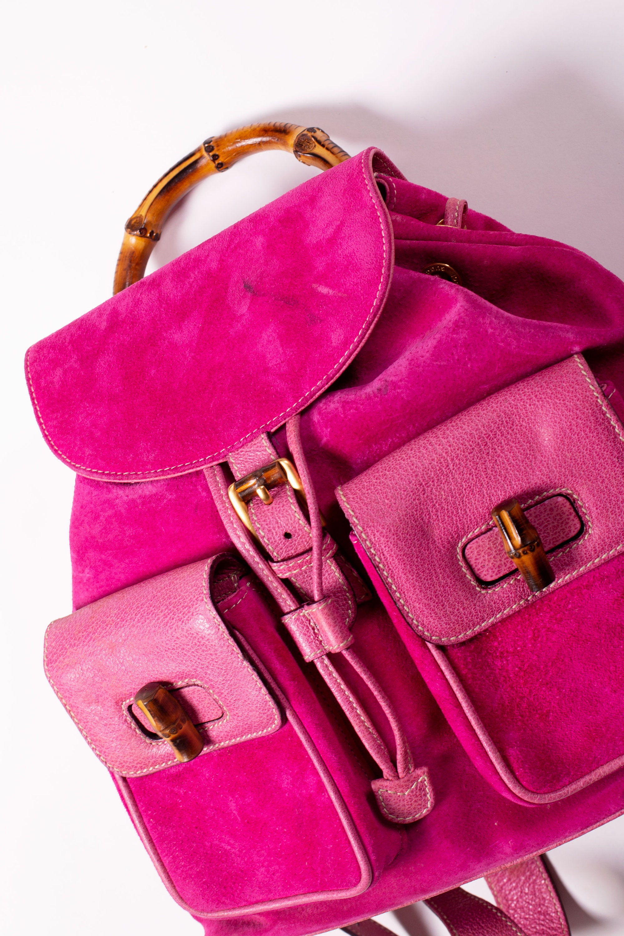 GUCCI Pink Suede & Leather Bamboo Handle Backpack With 