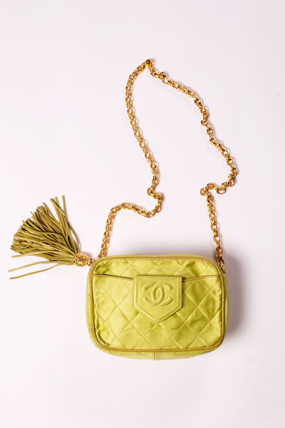 CHANEL Vintage Neon Chartreuse Green Satin + Leath