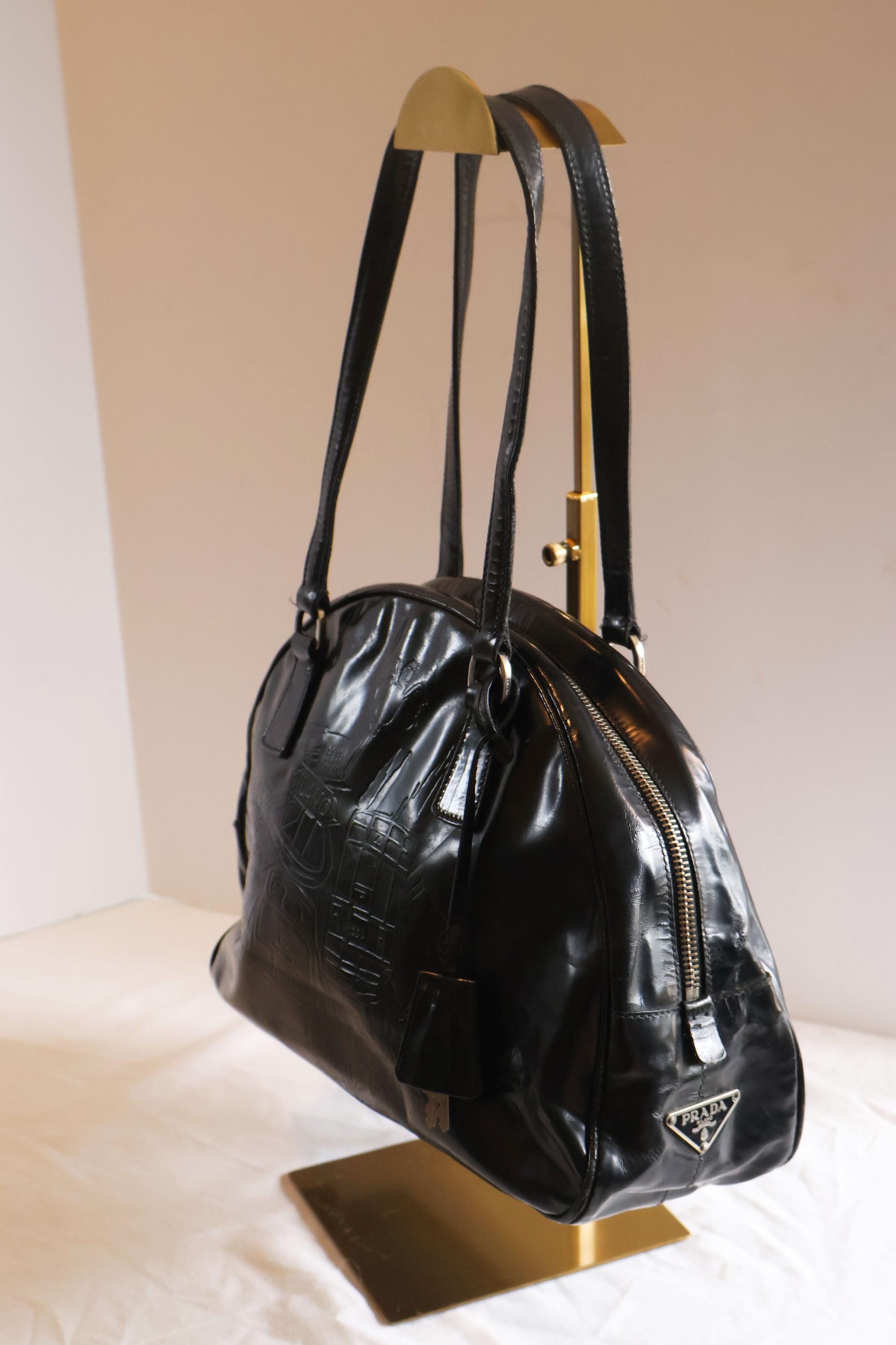 PRADA Embossed Patent and Leather Spazzolato Print Bowler Bag in