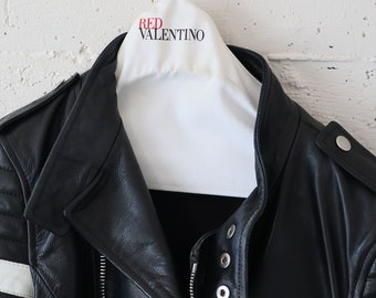Vintage VALENTINO Black Leather Racing Jacket With White Vintage VALENTINO Black Leather Racing Jacket With White