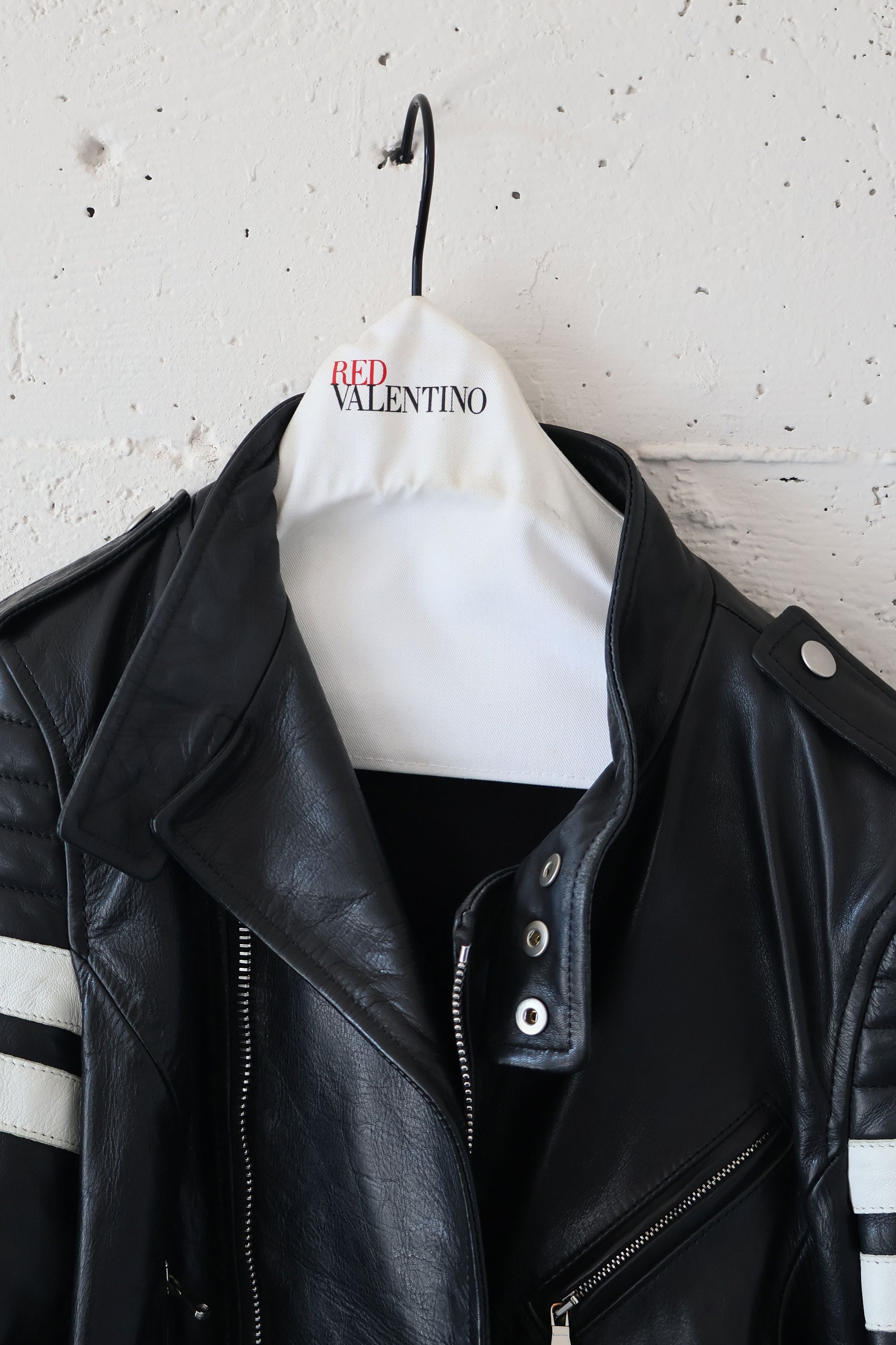 Vintage VALENTINO Black Leather Racing Jacket With White Vintage VALENTINO Black Leather Racing Jacket With White