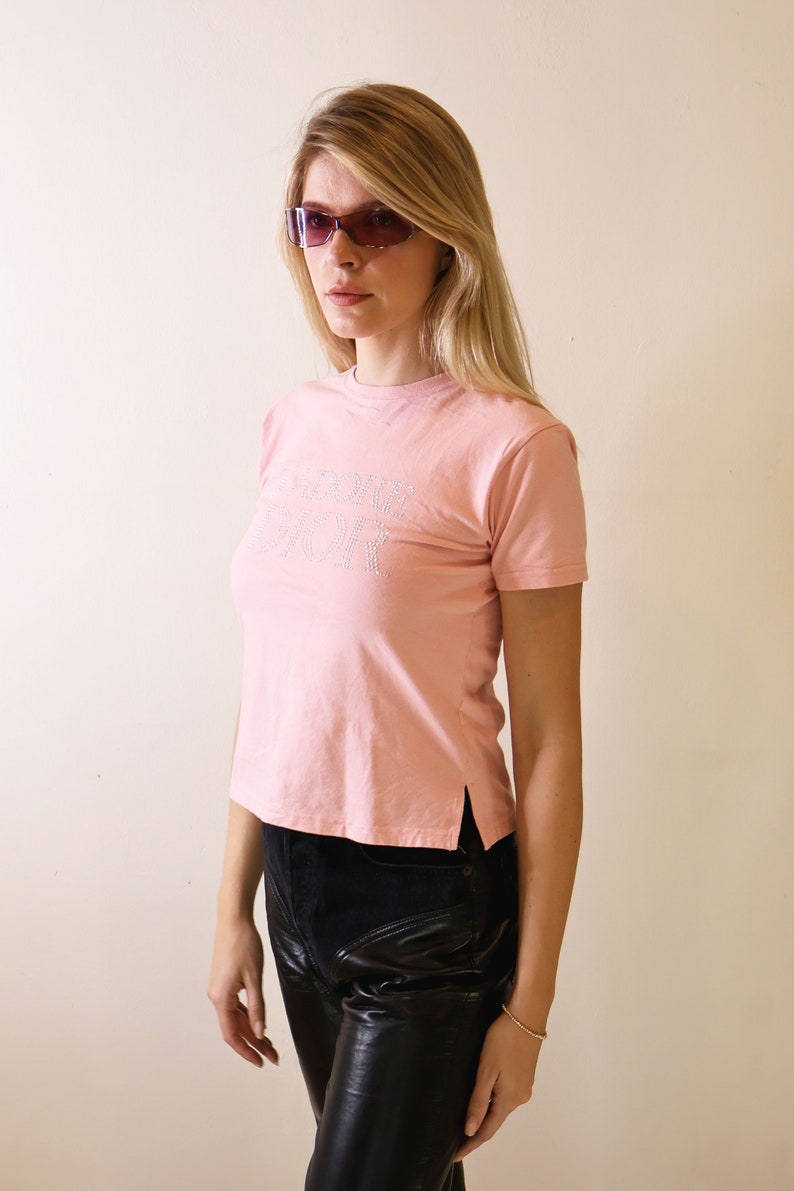 Christian Dior by John Galliano 'J'adore Dior' Pink Diamante Studded Baby Tee Y2K 2000s FR 28 S M Vintage image 5