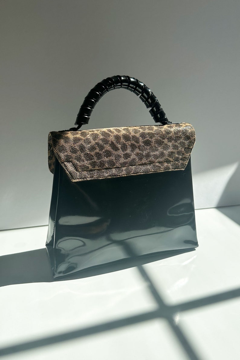 Vintage LOEWE Noir Patent and Leopard Print Top Handle Bag with Curly Handle Minimal Gold made in Spain Black Cheetah Print image 7