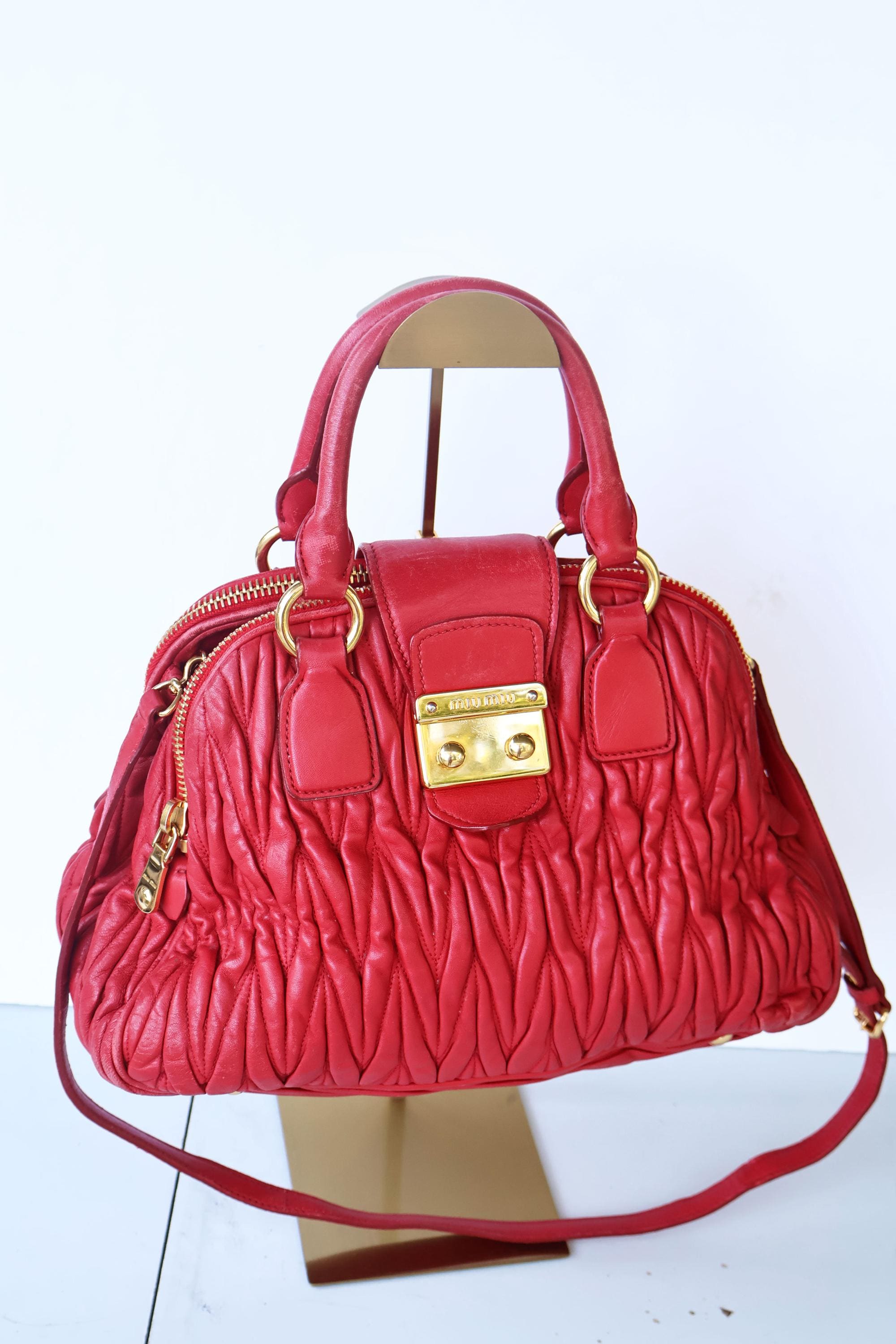 Vintage Miu Miu Red Matelasse Leather 2way Bag With Gold Hardware