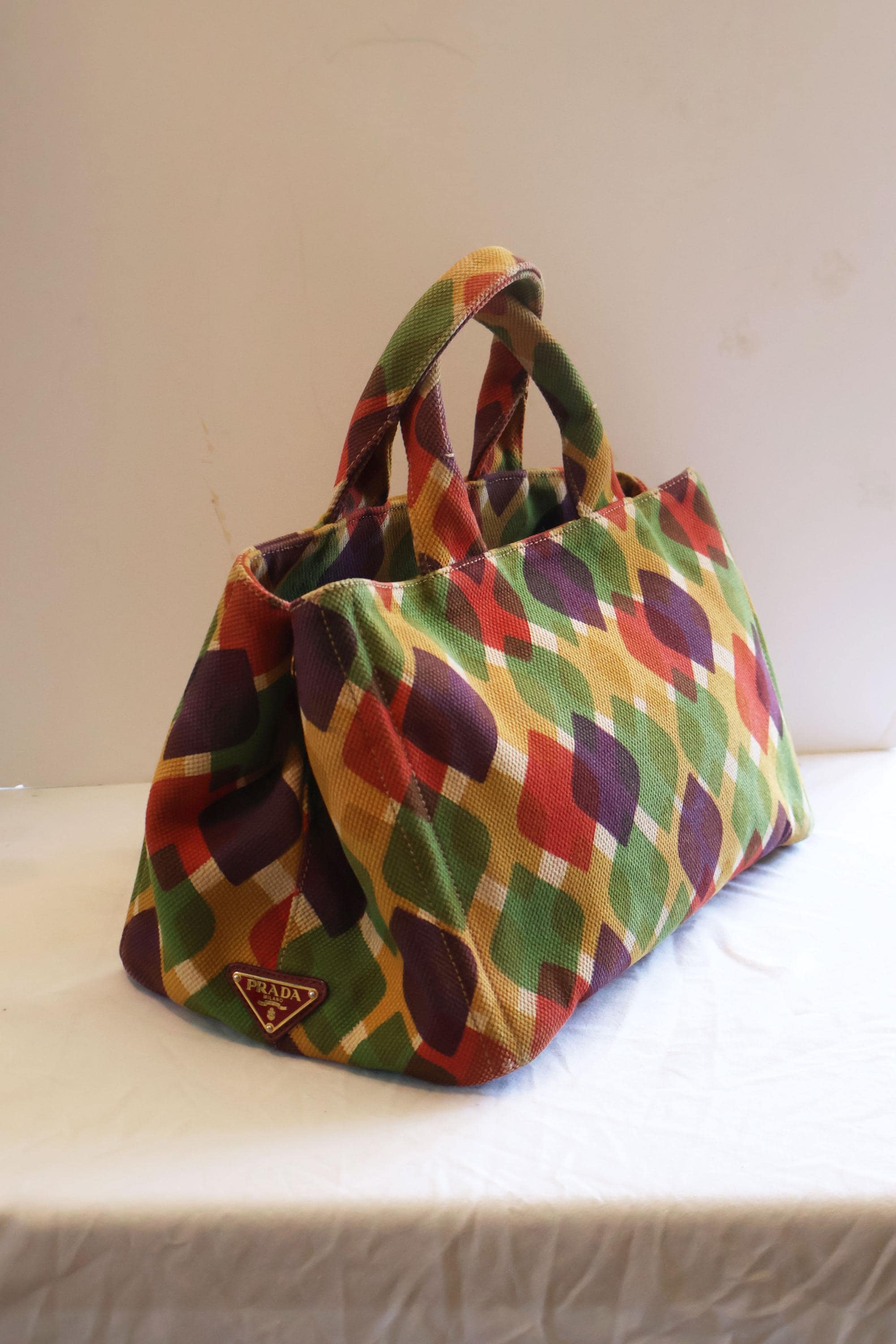 Vintage PRADA Canapa Geometric Print Canvas Medium Tote Bowler Bag