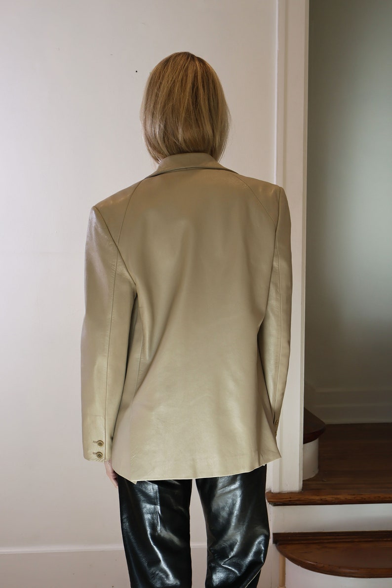 Vintage Richard Tyler 1990s Nude Leather Minimalist Blazer with Pockets sz S M It 42 Jacket Coat Tan Beige image 6