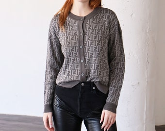 Vintage FENDI Jeans 1990s Zucca Print Cardigan in Gray Soft Wool FF Monogram 90s Y2K Logo S M L Logomania Etsy