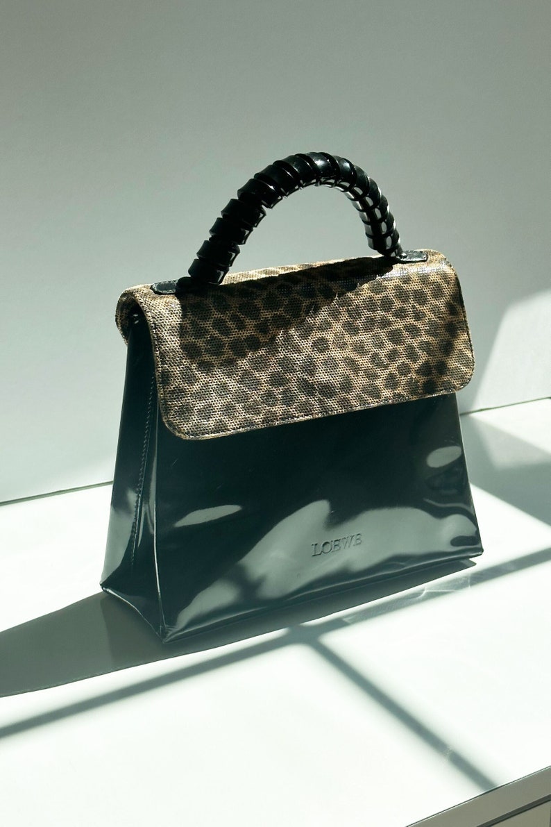 Vintage LOEWE Noir Patent and Leopard Print Top Handle Bag with Curly Handle Minimal Gold made in Spain Black Cheetah Print image 1