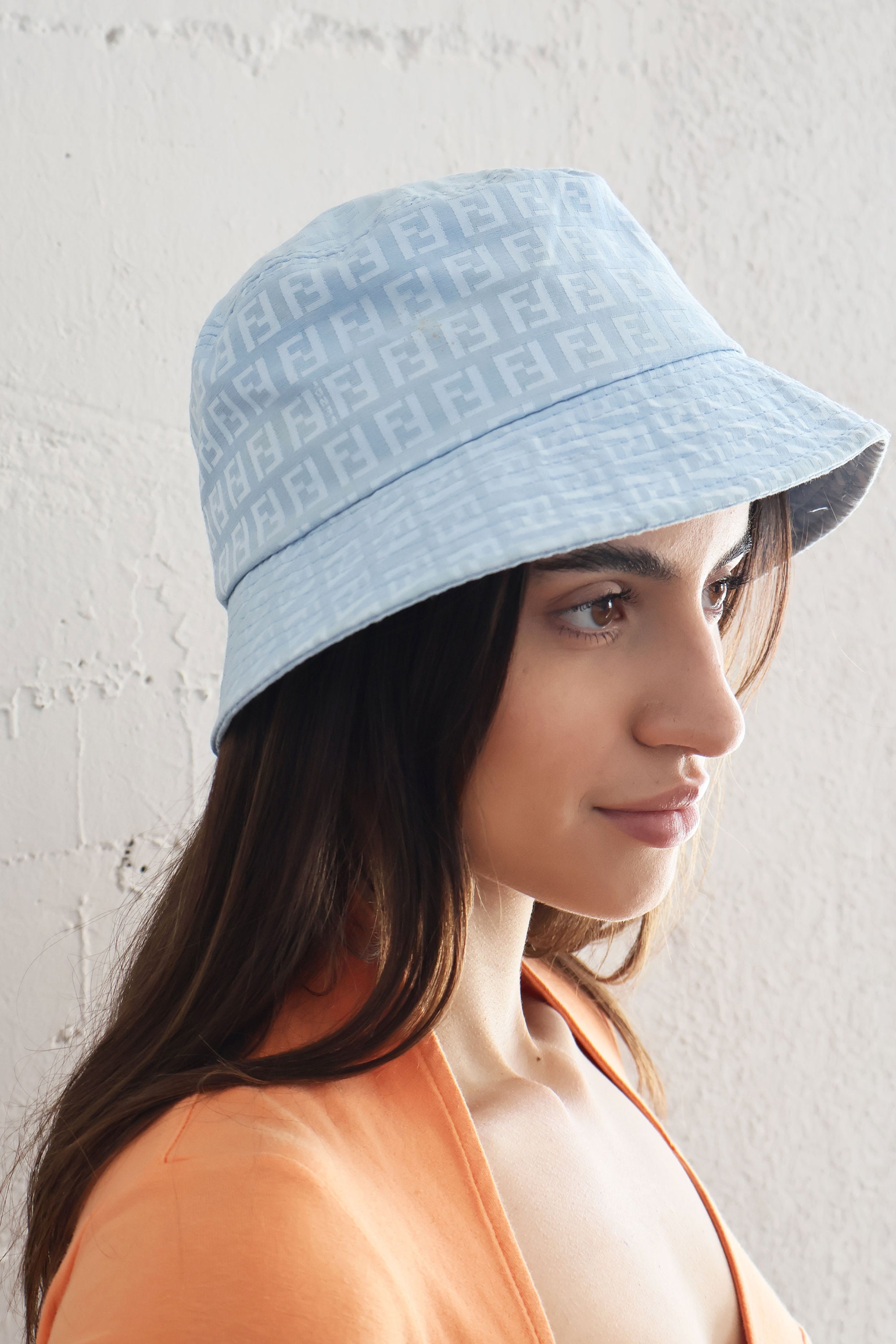 Vintage FENDI Baby Blue Zucchini Bucket Hat FF Zucca Logo