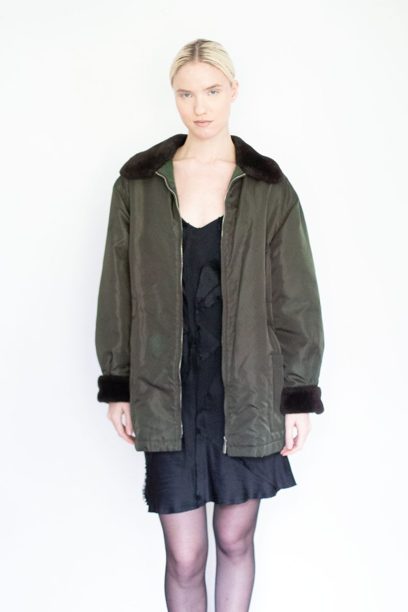 Vintage ICEBERG Army Green Shearling Bomber with Embroidered Deer at Back Bambi 90s Flight Jacket IT 42 S M L image 6