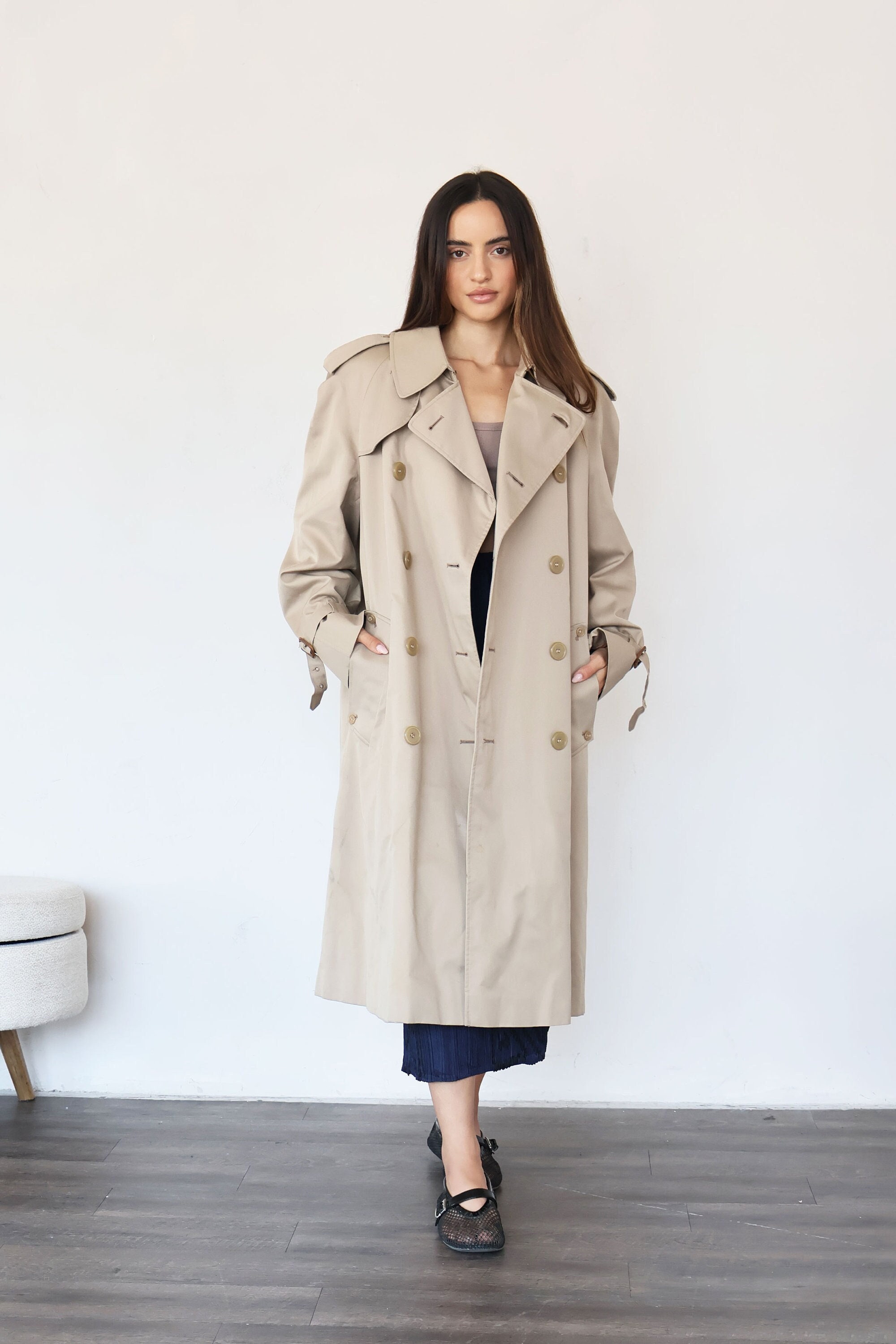 Vintage 1980s Trench Raincoat by Aquascutum - Dark Navy - 44 R
