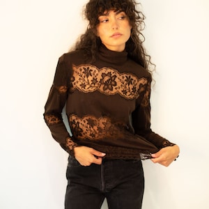 Vintage VALENTINO 1980s Brown Cashmere Lace Inset Turtleneck Top sz XS S M Sheer Sexy 80s 90s Garavani image 4