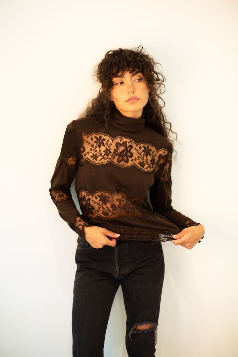 Vintage VALENTINO 1980s Brown Cashmere Lace Inset Turtleneck Top sz XS S M Sheer Sexy 80s 90s Garavani image 4