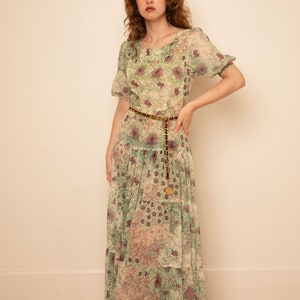 Vintage 1970s Gunne Sax Style Tiered Semi Sheer Floral Puff Sleeve Prairie Dress sz XS S Square Neck Green Purple image 3