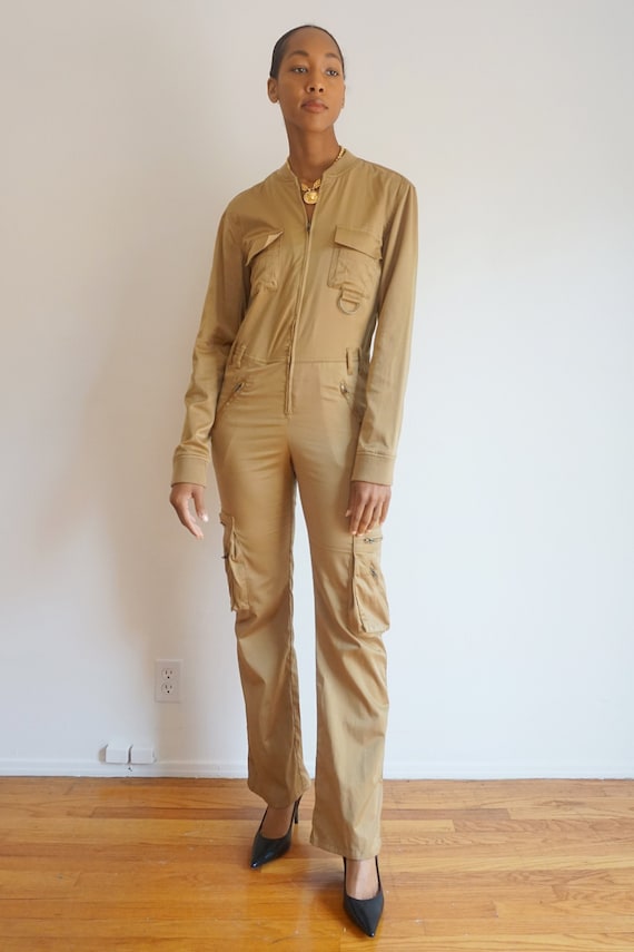 Vintage Tan Zip Front Coveralls with Pockets Milit