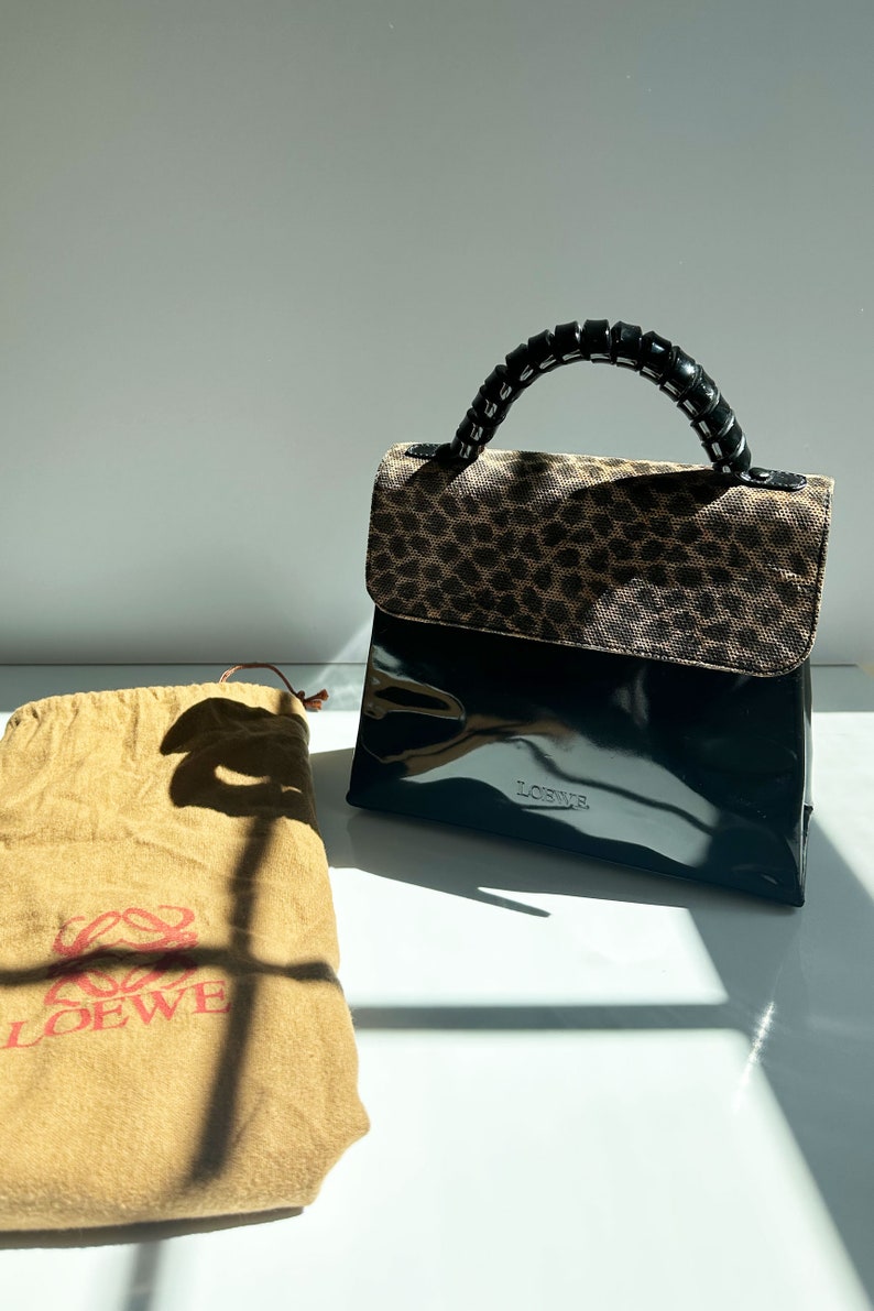 Vintage LOEWE Noir Patent and Leopard Print Top Handle Bag with Curly Handle Minimal Gold made in Spain Black Cheetah Print image 5
