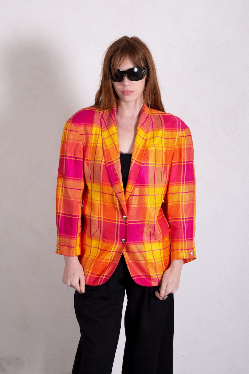 Vintage Thierry Mugler 1980s Sculptural Plaid Linen Blazer with Snap Buttons sz FR 44 S M L Orange Pink Yellow Structured image 1