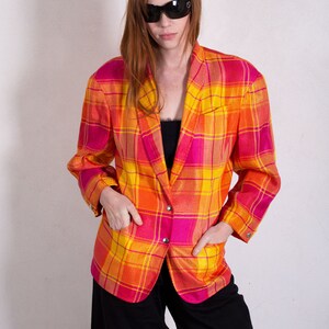 Vintage Thierry Mugler 1980s Sculptural Plaid Linen Blazer with Snap Buttons sz FR 44 S M L Orange Pink Yellow Structured image 2