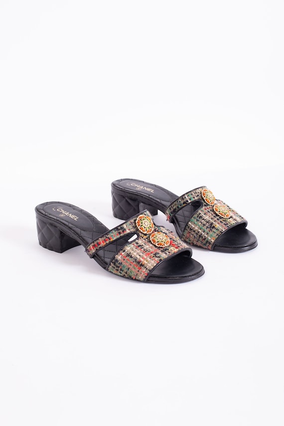 Vintage Chanel Rainbow Tweed Quilted Mules with J… - image 1