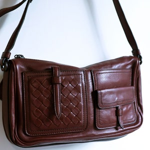 Bottega Veneta Bordeaux Leather Multi Pocket Baguette Bag with Intrecciato Pocket Detail Woven Burgundy Maroon Red 90s Y2K image 5