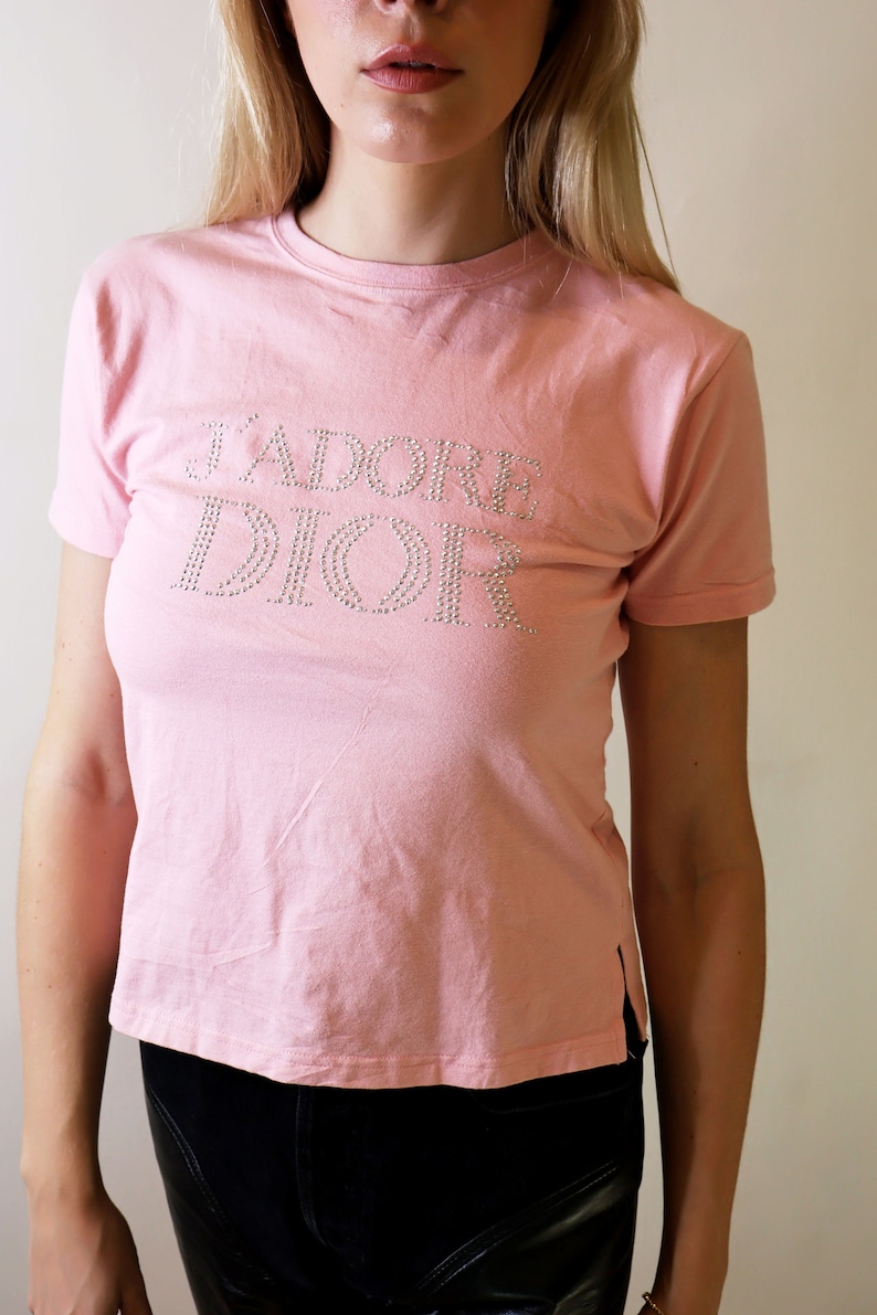 Christian Dior by John Galliano 'J'adore Dior' Pink Diamante Studded Baby Tee Y2K 2000s FR 28 S M Vintage image 1