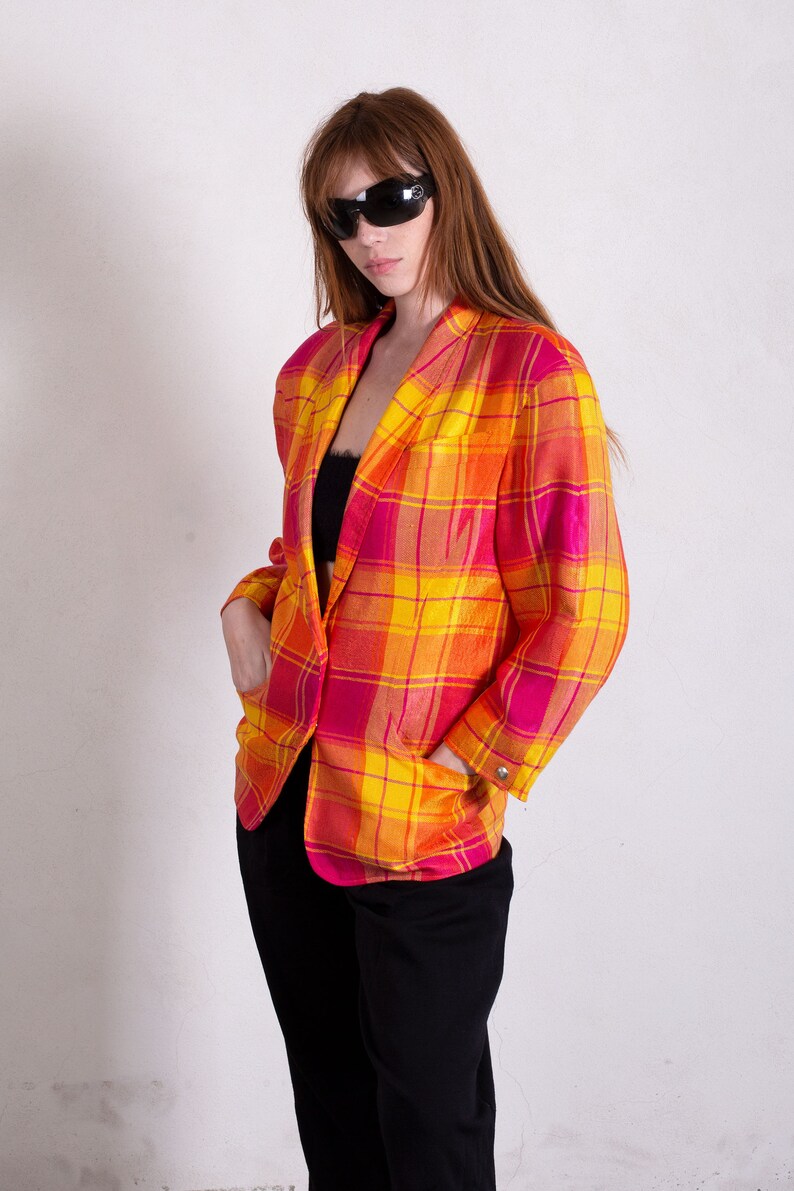 Vintage Thierry Mugler 1980s Sculptural Plaid Linen Blazer with Snap Buttons sz FR 44 S M L Orange Pink Yellow Structured image 3