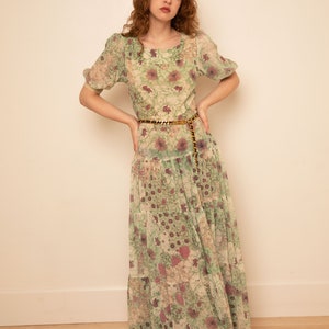 Vintage 1970s Gunne Sax Style Tiered Semi Sheer Floral Puff Sleeve Prairie Dress sz XS S Square Neck Green Purple image 2