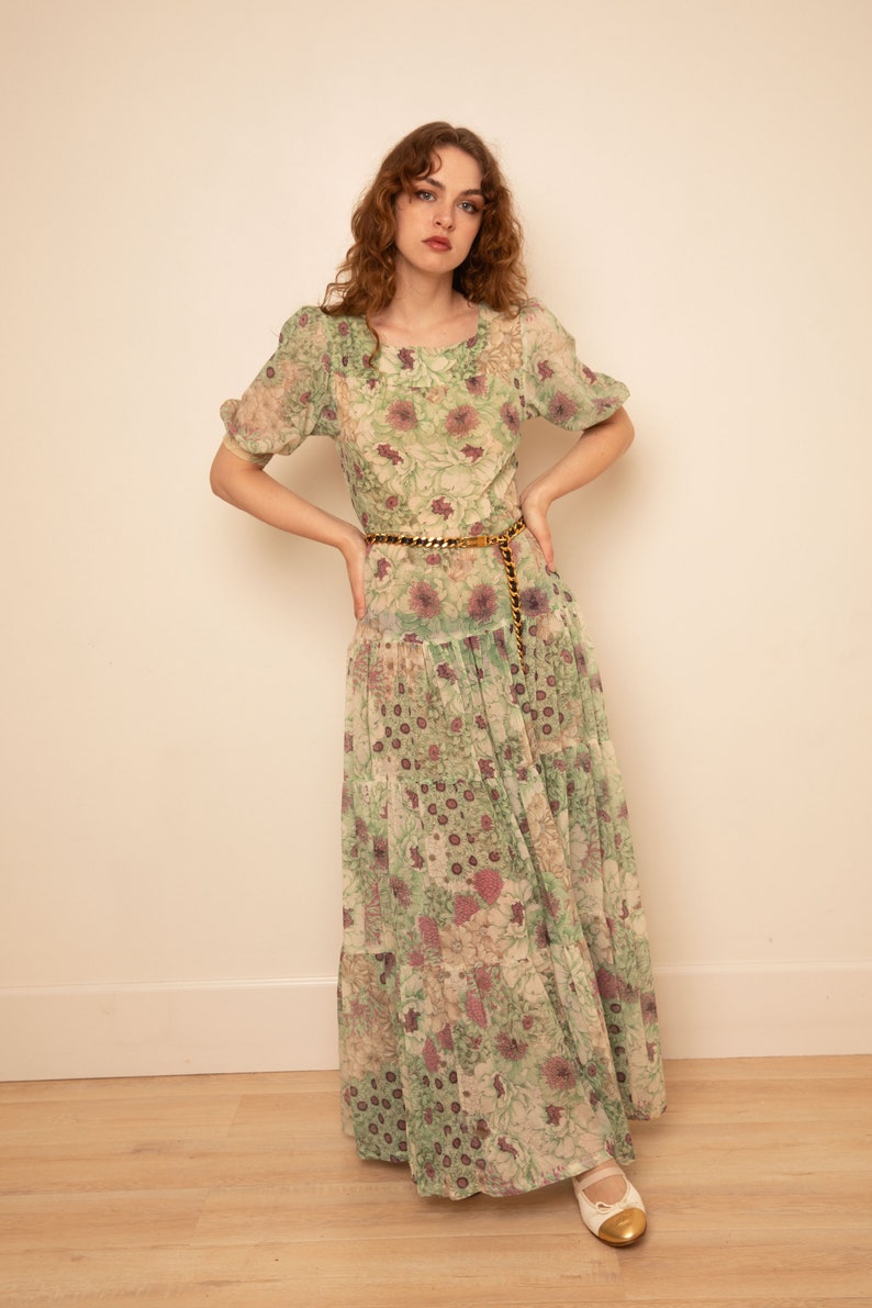 Vintage 1970s Gunne Sax Style Tiered Semi Sheer Floral Puff Sleeve Prairie Dress sz XS S Square Neck Green Purple image 2