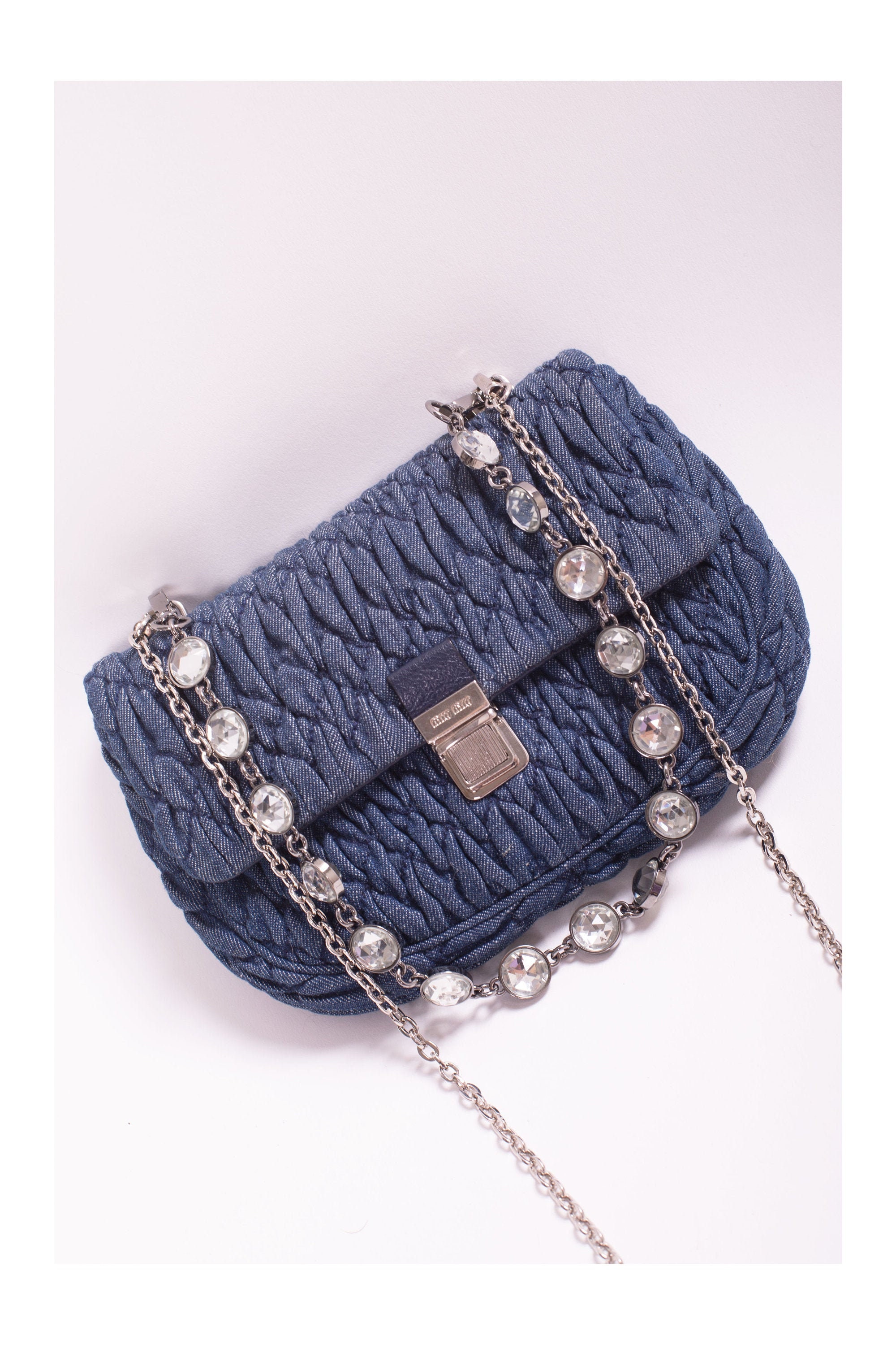 Miu Miu Woven Clutch With Crystal Chain in Black