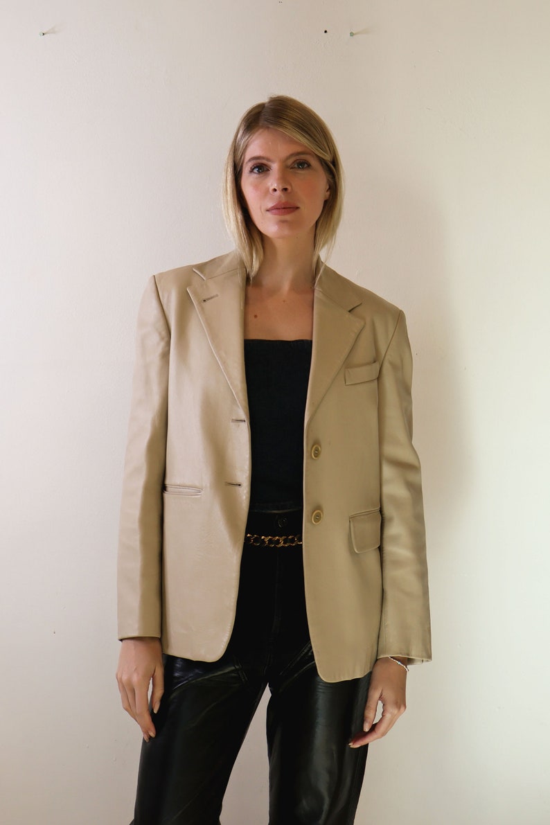 Vintage Richard Tyler 1990s Nude Leather Minimalist Blazer with Pockets sz S M It 42 Jacket Coat Tan Beige image 4