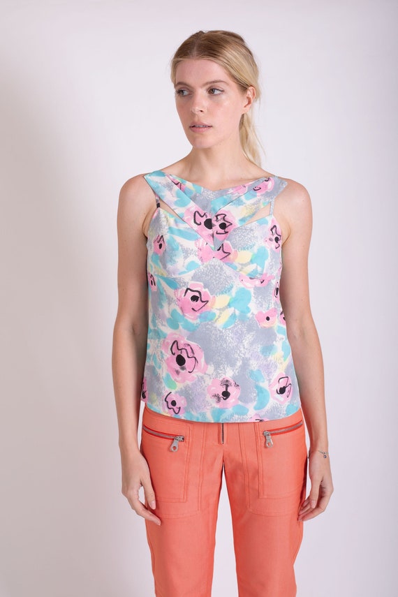 Vintage Chanel Camellia Watercolor Tank Top With Pleated 