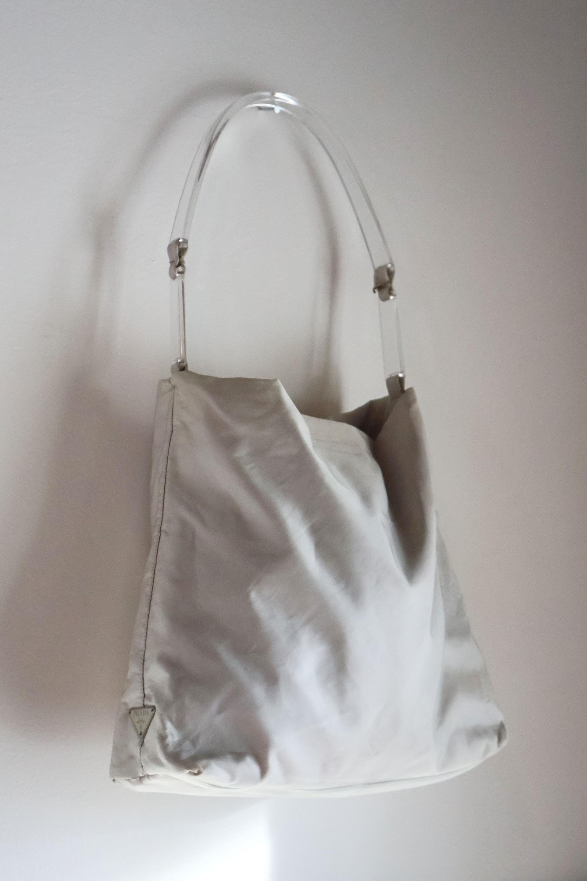 Vintage PRADA White Nylon + Lucite Handle Hobo Bag With Logo
