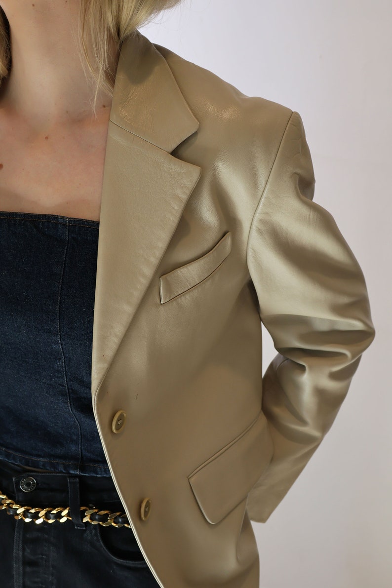 Vintage Richard Tyler 1990s Nude Leather Minimalist Blazer with Pockets sz S M It 42 Jacket Coat Tan Beige image 3