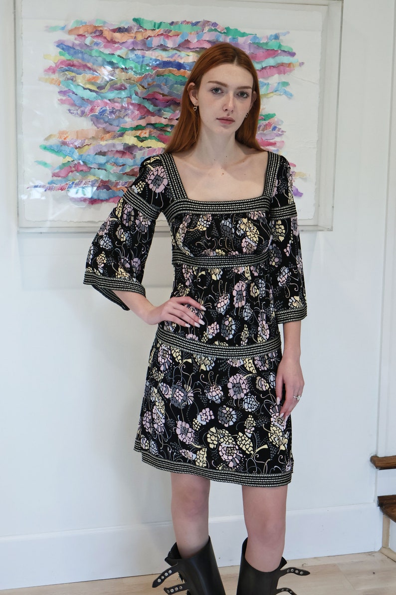 Vintage MISSONI Y2K Tiered Floral Babydoll Mini Dress with Bell Sleeves Knit Trim in Black Floral IT 38 XS S Umpire Waist Square Neck image 4