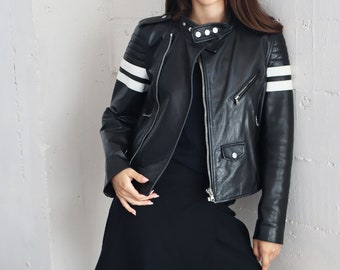 Vintage VALENTINO Black Leather Racing Jacket With White Vintage VALENTINO Black Leather Racing Jacket With White