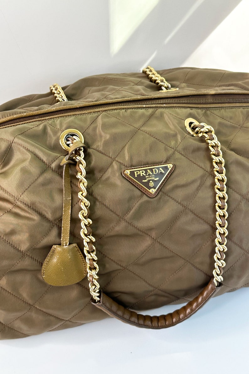 PRADA Army Quilted Catena Jumbo Carryall Bag with Gold Chain Strap Gold Hardware 1980s 1990s Tessuto Vela Tote image 5