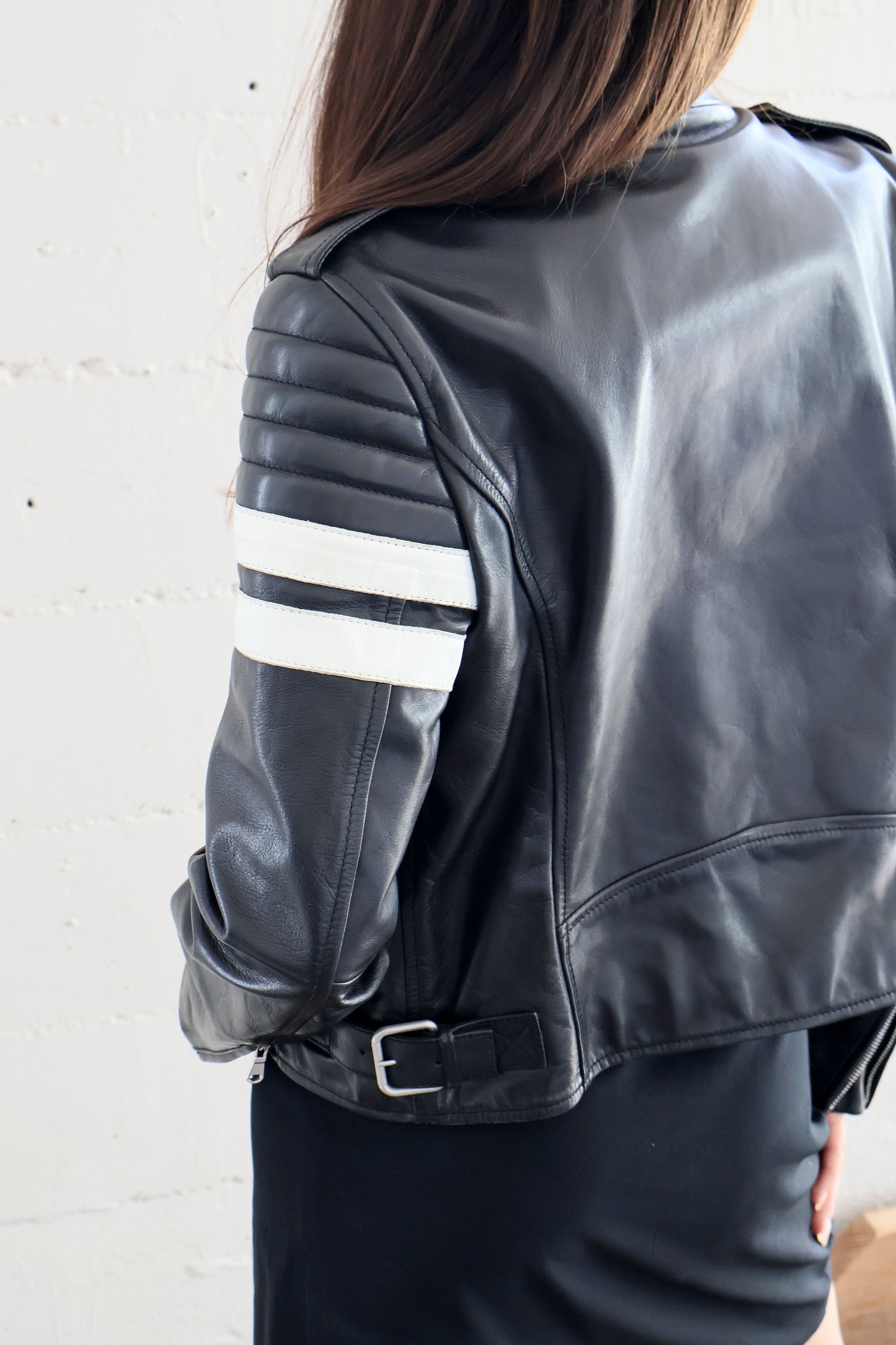Vintage VALENTINO Black Leather Racing Jacket With White Vintage VALENTINO Black Leather Racing Jacket With White